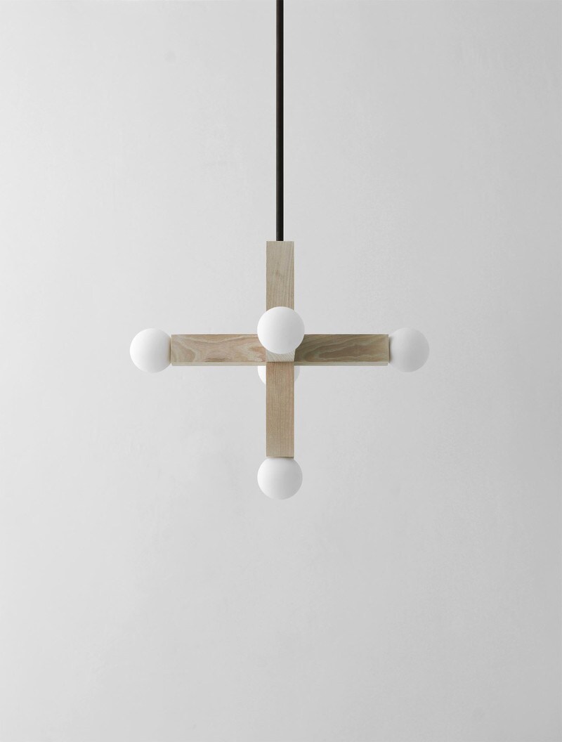 Union Pendant shown in Maker Black, Bleached Ash, Matte White Globes